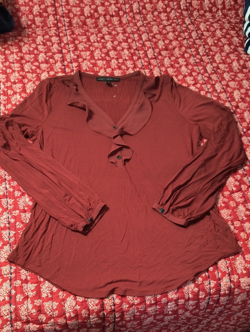 White House Black Market Brick Red Ruffle V-Neck Long Sleeve Top